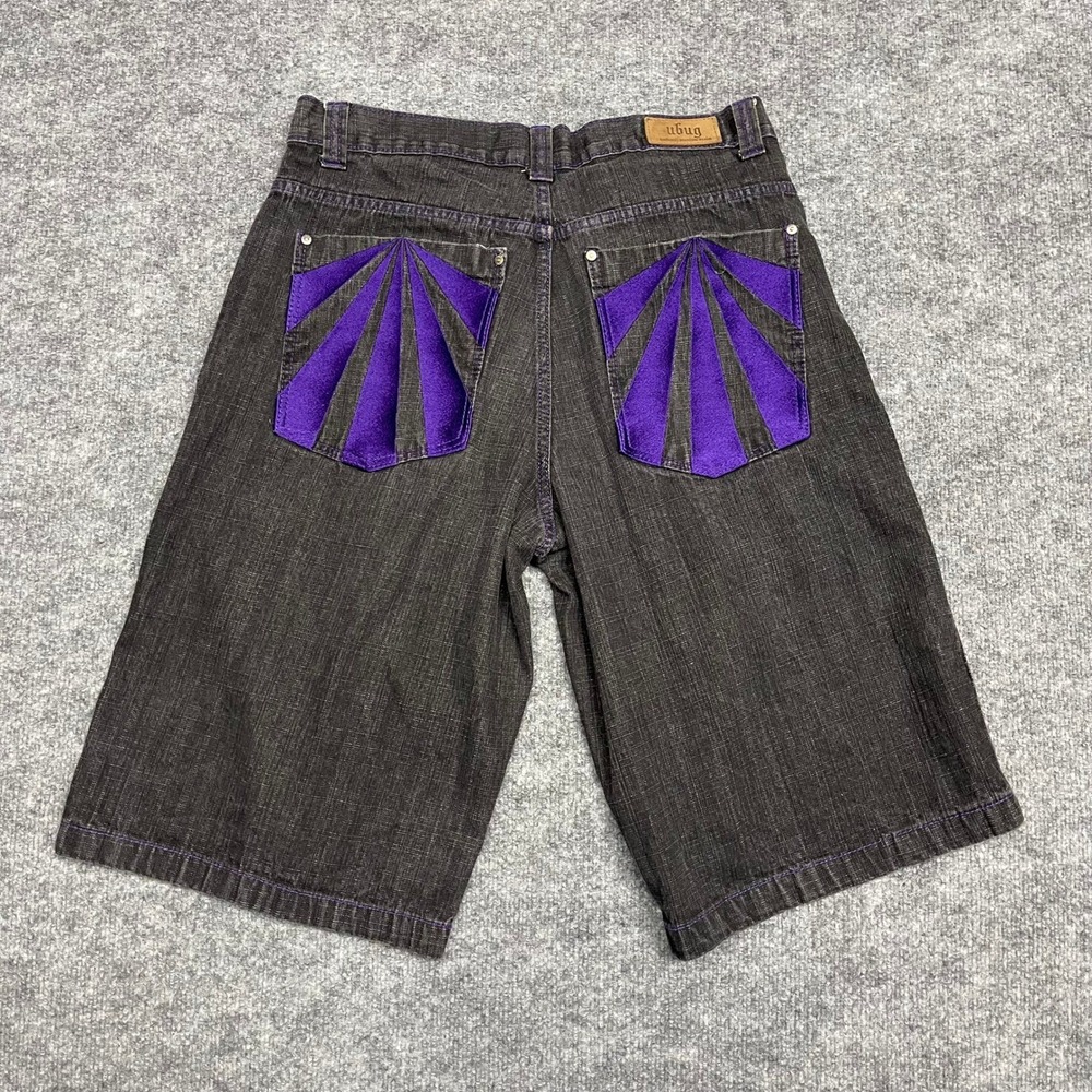 Ubug Short Pants Mens 36x15 Black Denim Purple Embroidered Baggy Skater Y2K Rave